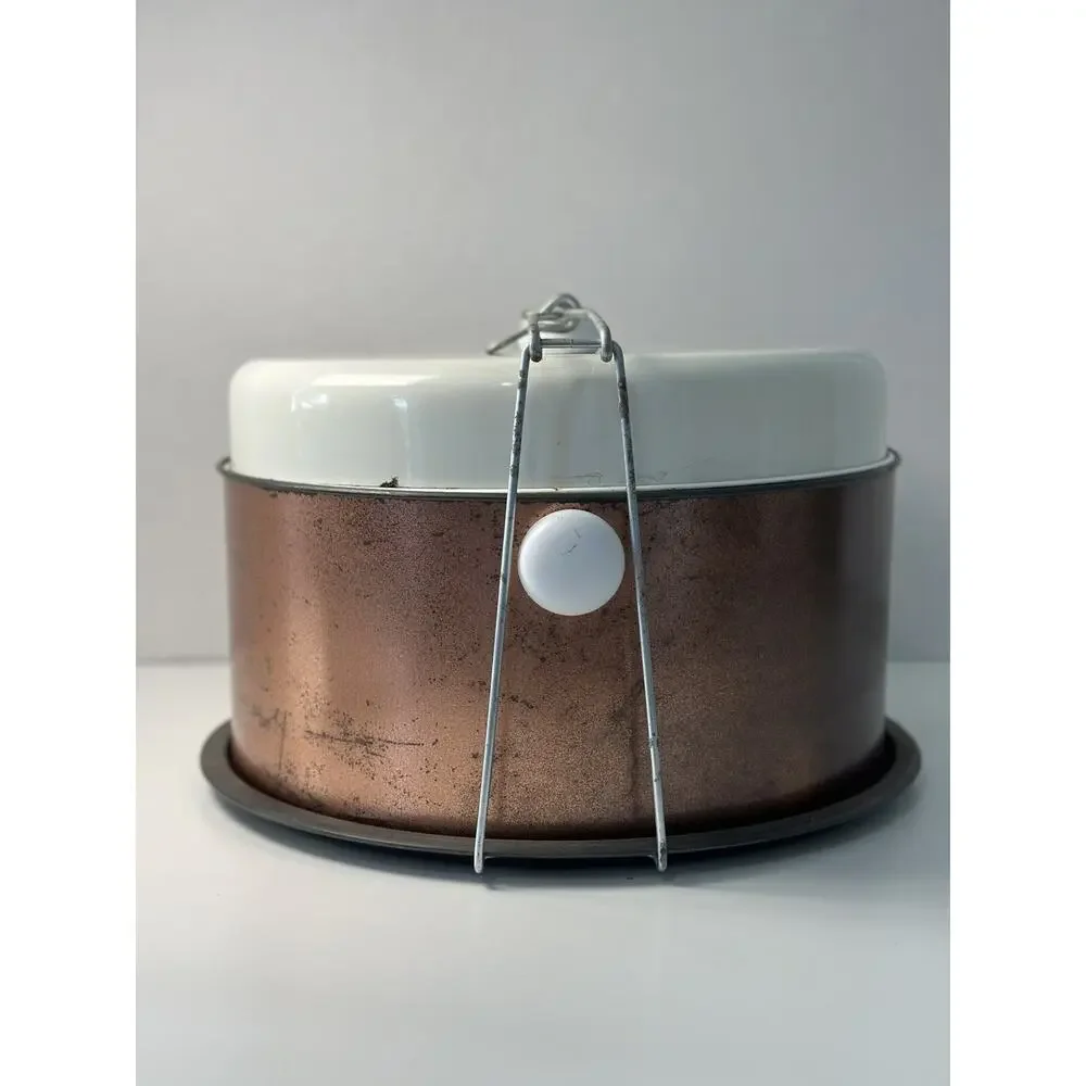 Vintage Tin Metal Cake & Pie Carrier Tote Saver Cover Copper White Mid Century